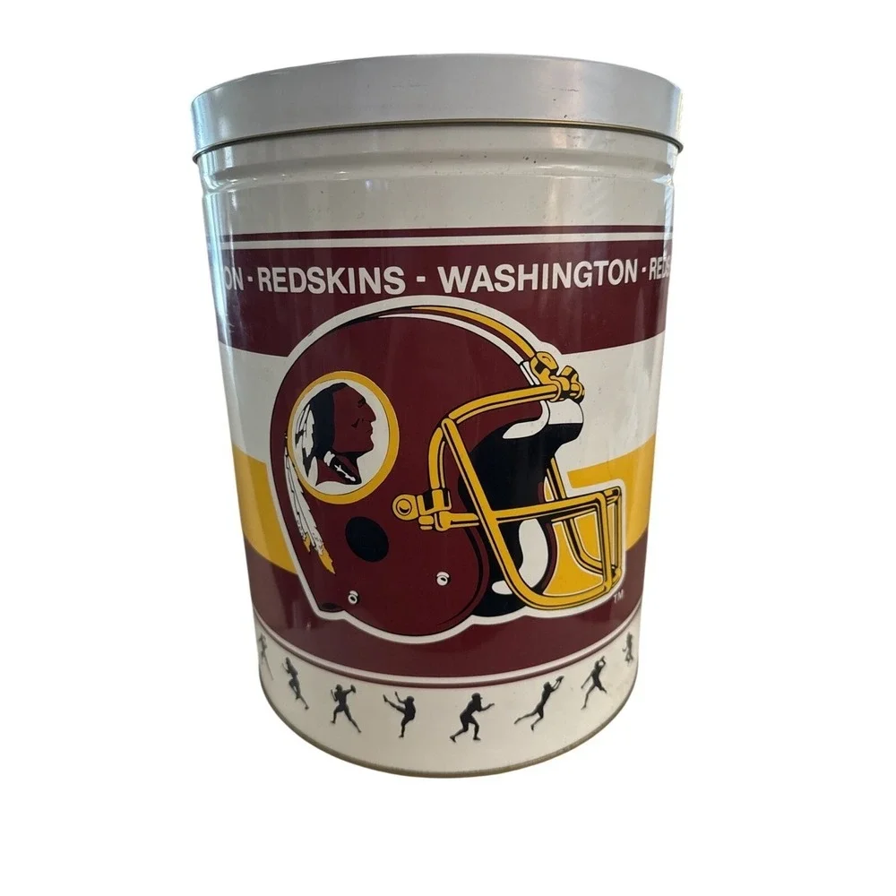 Washington Redskins Old Popcorn Container Empty Metal Trash Can With Lid 12.75